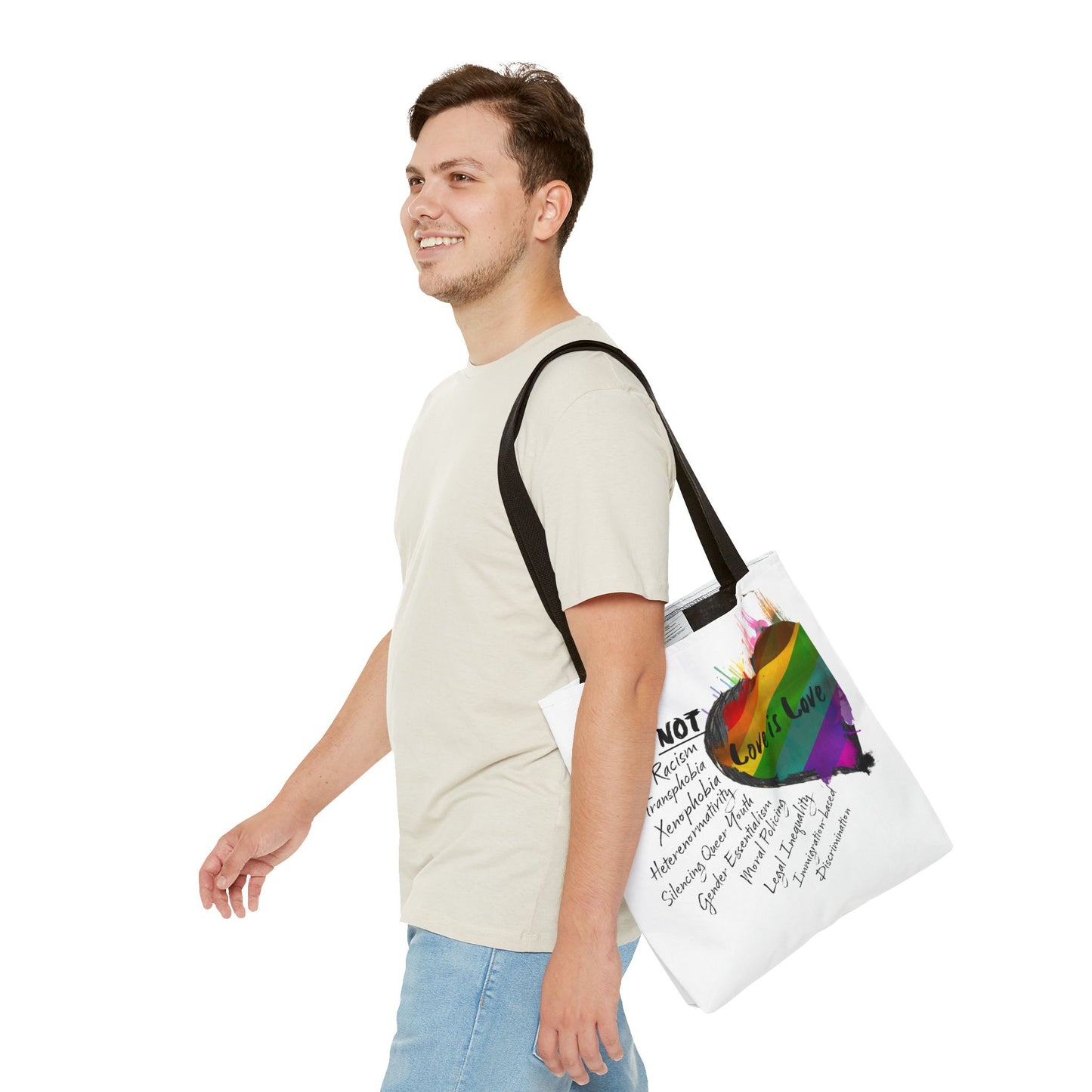 Pride 2025 LGBTQ+ tote bag with vibrant love and acceptance artwork
Durable polyester tote bag for Pride 2025, LGBTQ+ support, and everyday use
Close-up of rainbow design on Pride 2025 tote bag, symbolizing inclusivity
Spacious Pride 2025 tote bag with reinforced handles, perfect for shopping or pride events
Pride 2025 LGBTQ+ tote bag—shown in multiple handle colors and sizes