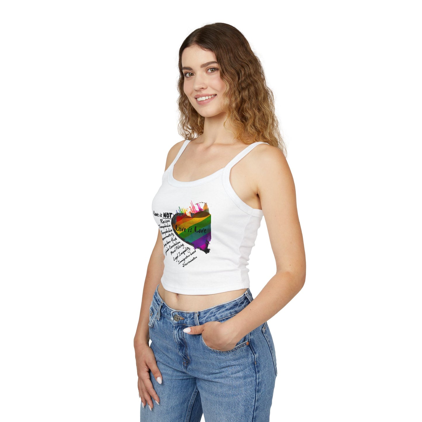 Pride 2025 LGBTQ+ Unisex Tank – “Love is NOT” Spaghetti Strap