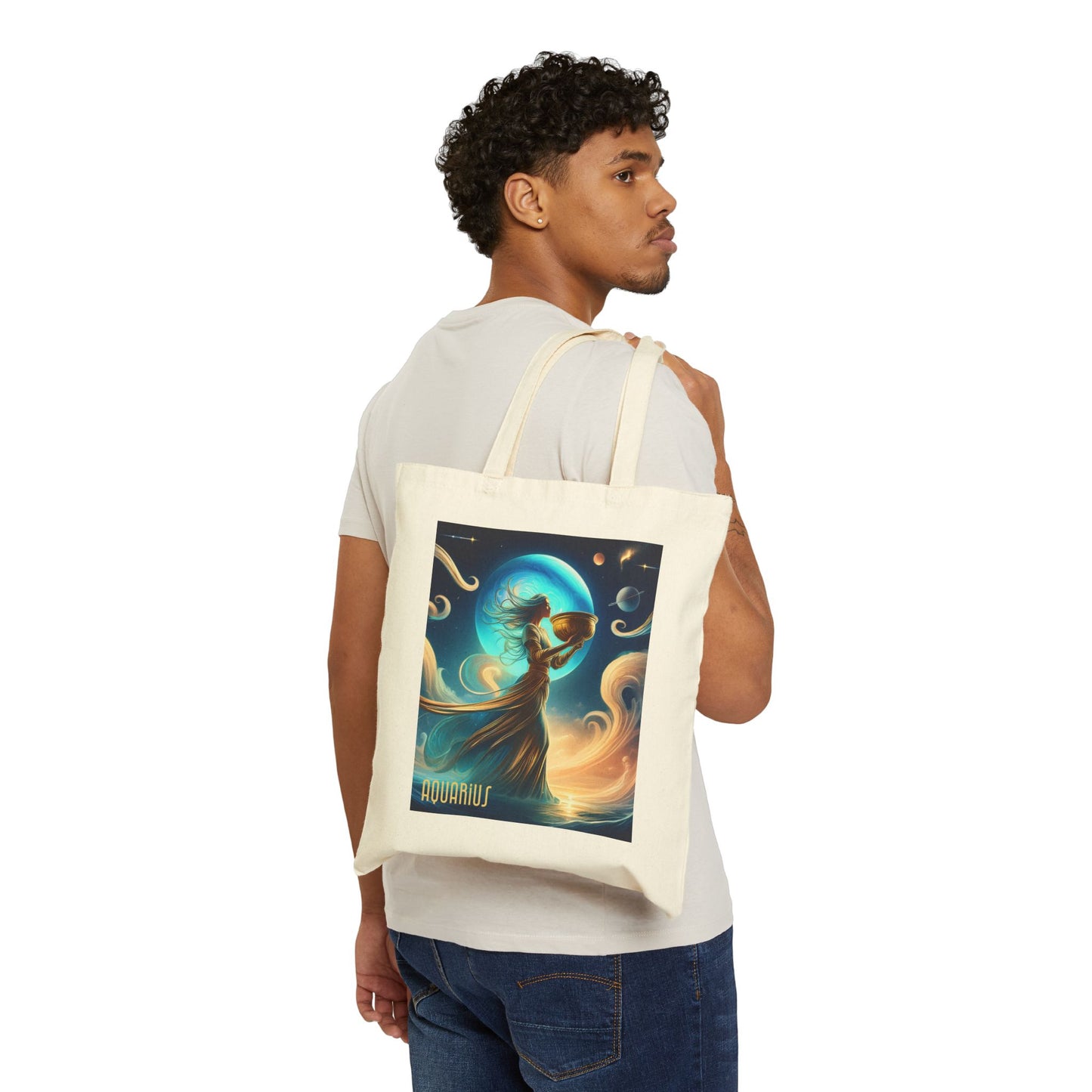 Aquarius Zodiac Tote Bag eco-friendly canvas under $25 by M.B. Salas Designs, Affordable Aquarius tote bag organic cotton zodiac gift