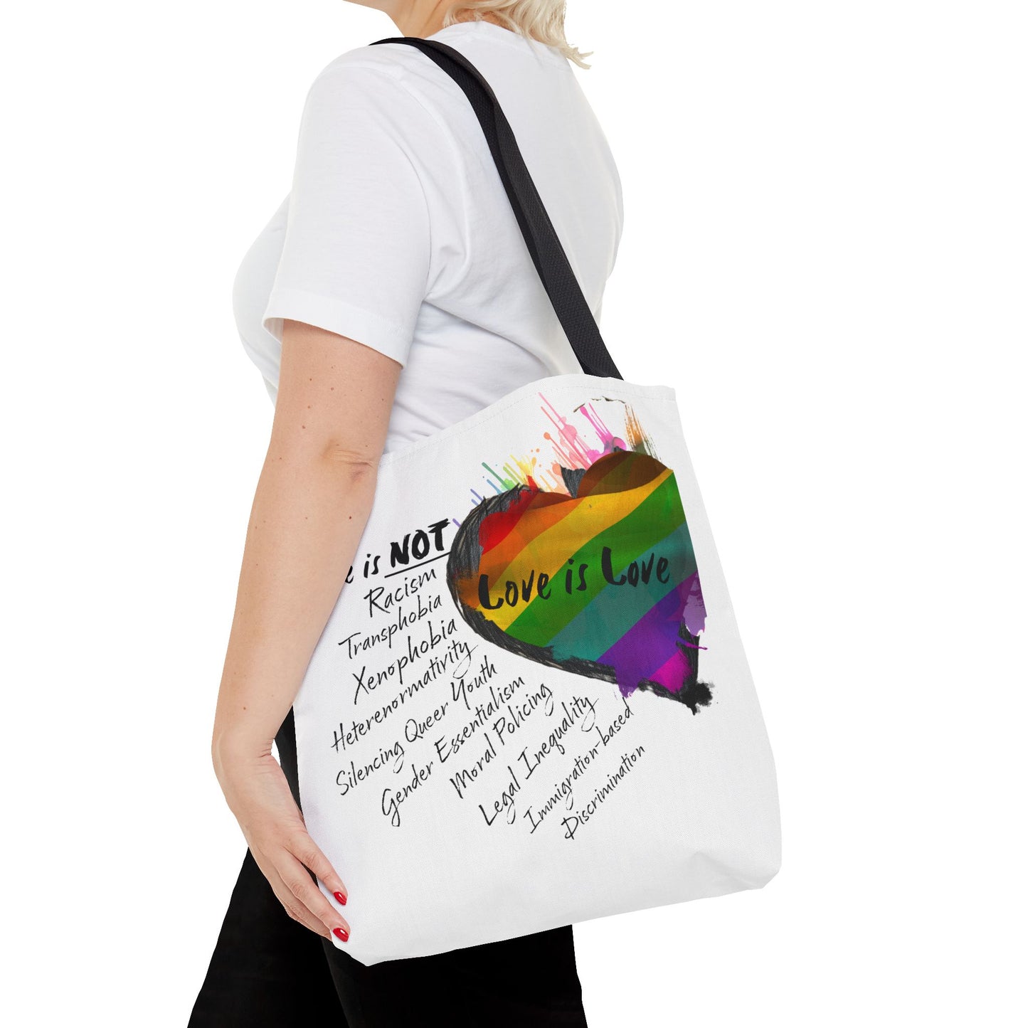 Pride 2025 LGBTQ+ tote bag with vibrant love and acceptance artwork
Durable polyester tote bag for Pride 2025, LGBTQ+ support, and everyday use
Close-up of rainbow design on Pride 2025 tote bag, symbolizing inclusivity
Spacious Pride 2025 tote bag with reinforced handles, perfect for shopping or pride events
Pride 2025 LGBTQ+ tote bag—shown in multiple handle colors and sizes