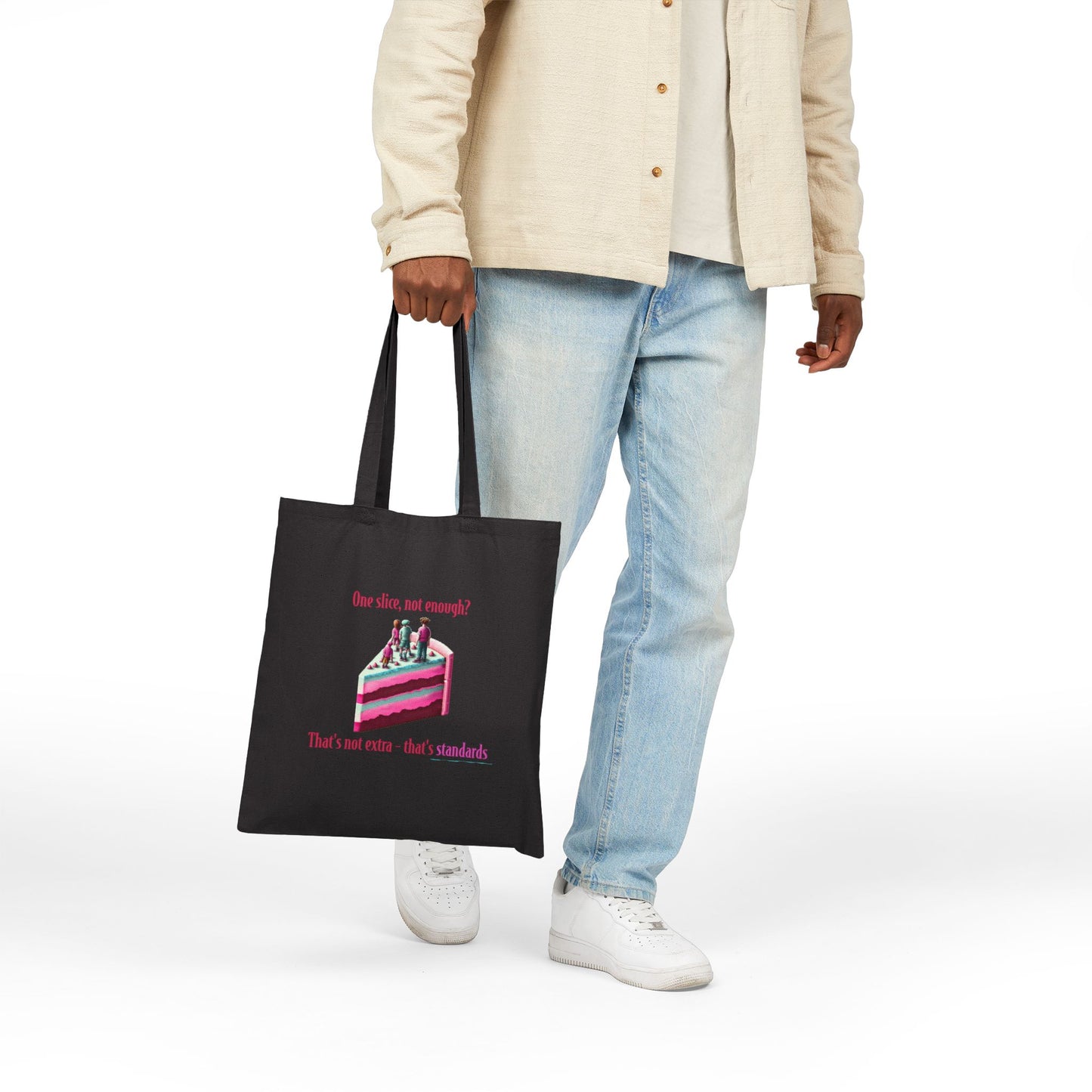Model carrying Cake Not Enough? Canvas Tote Bag while walking in the city