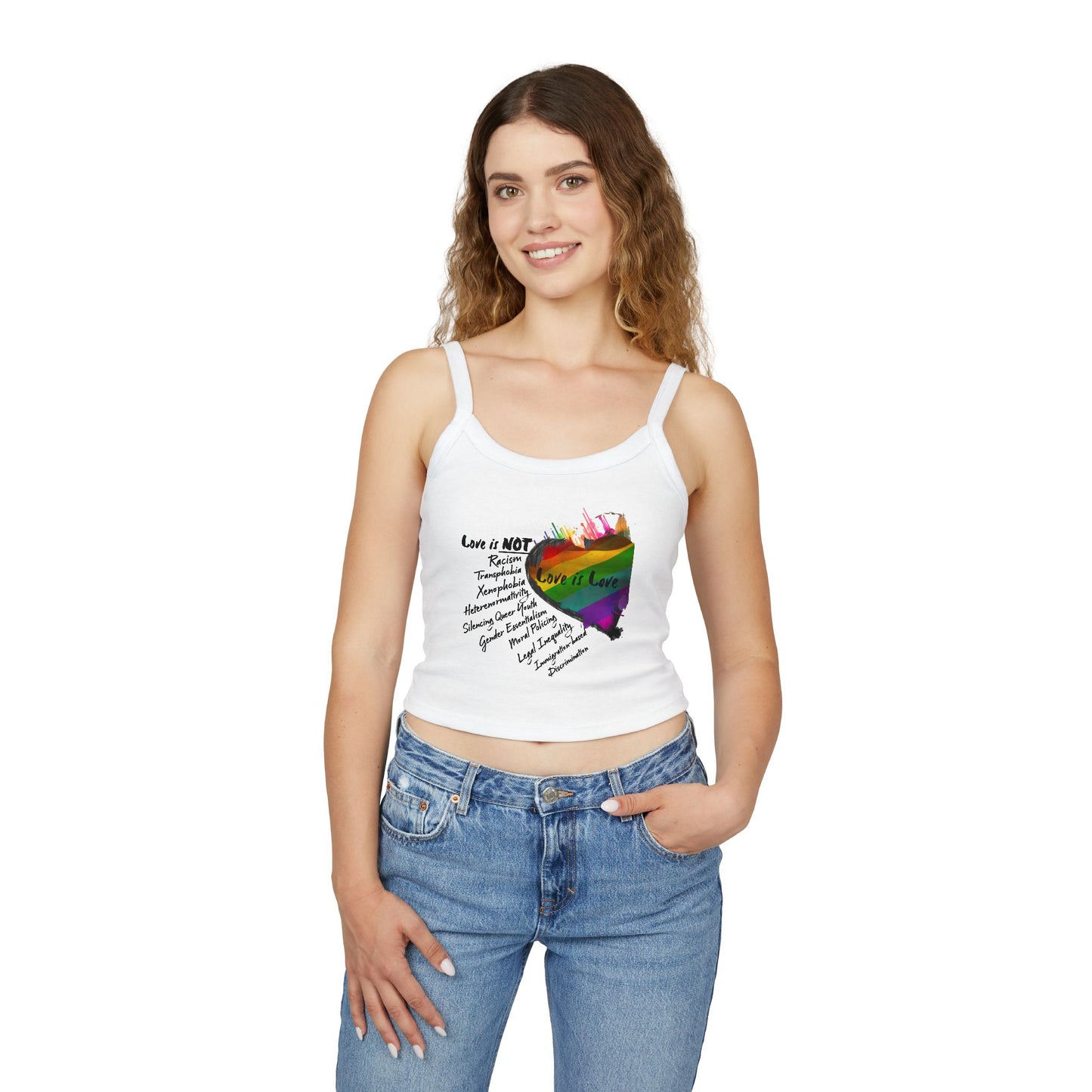 “Model wearing Pride 2025 LGBTQ+ unisex fitted tank top with ‘Love is NOT’ design”
“Close-up of thick spaghetti straps on LGBTQ+ Pride 2025 tank top”
“Back view of unisex fitted tank top – Pride 2025 by M.B. Salas Designs”
“Ethically made LGBTQ+ tank top for Pride Month 2025”
“Flat lay of ‘Love is NOT’ spaghetti strap tank top – inclusive pride apparel”