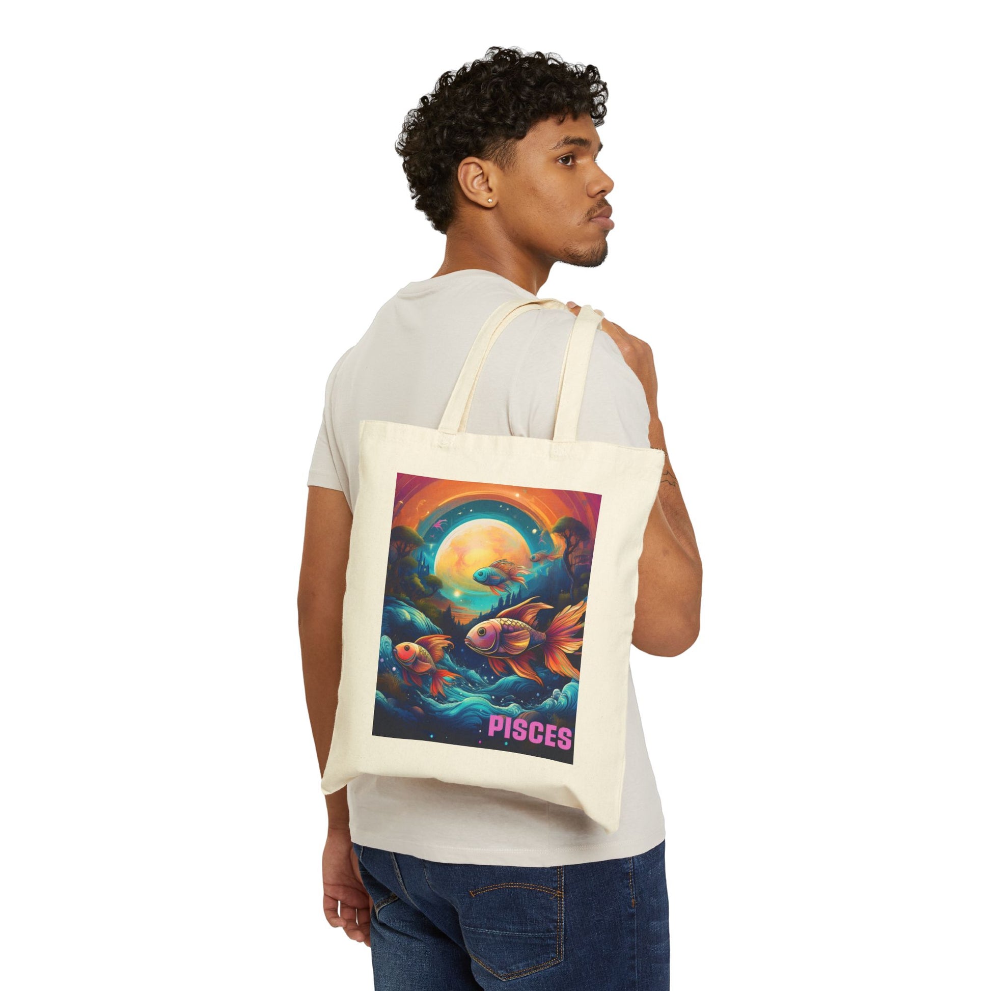 Pisces Zodiac Tote Bag eco-friendly canvas under $25 by M.B. Salas Designs, Affordable Pisces tote bag organic cotton zodiac gift