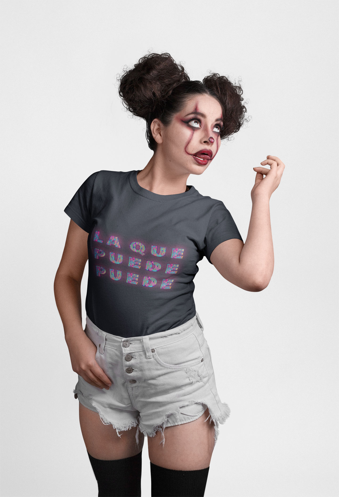 Model wearing black neon graphic tee with Ca7riel and Paco Amoroso–inspired urban design