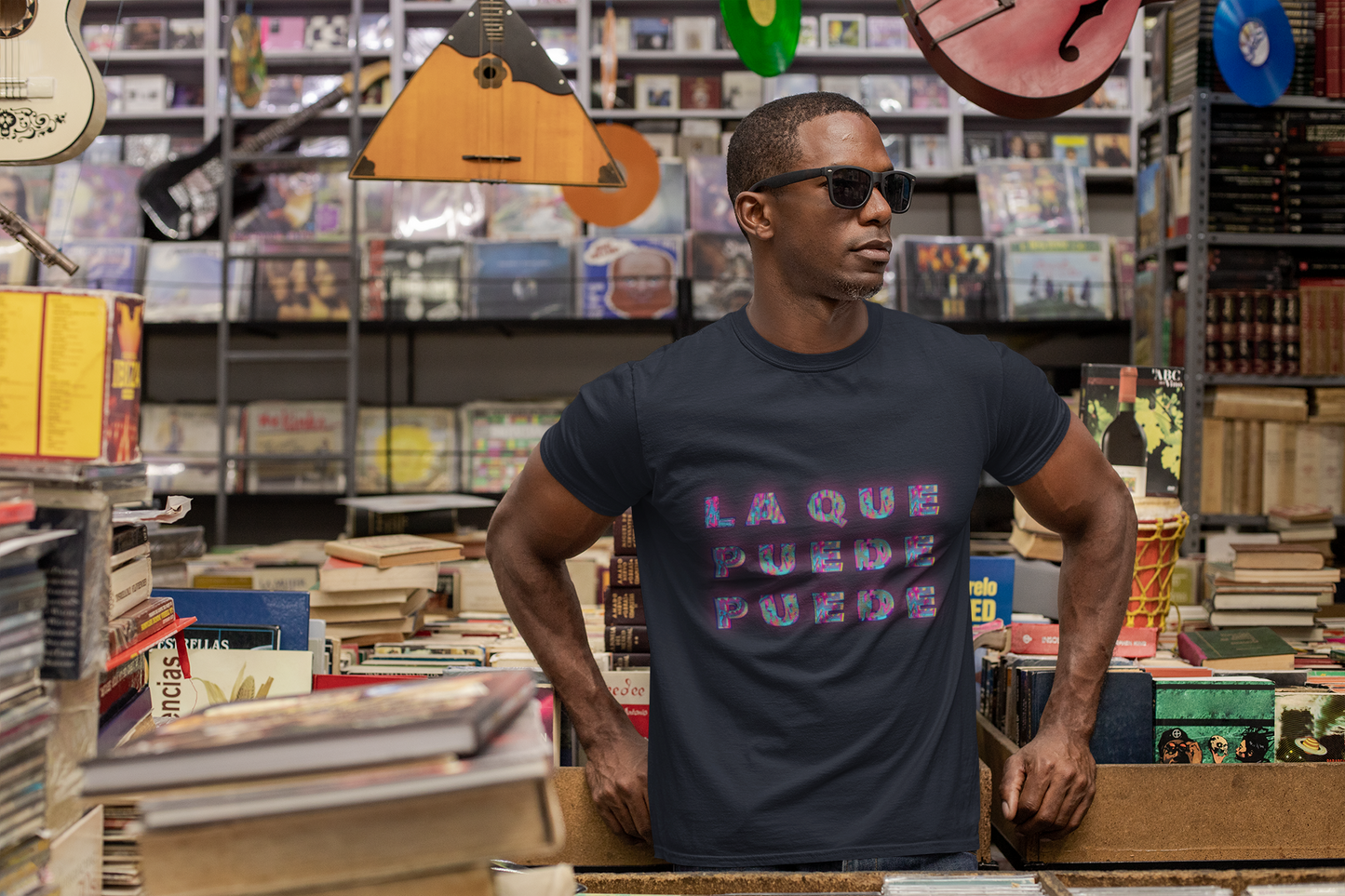 Front view of black cotton streetwear tee featuring bold neon lettering and classic fit design.