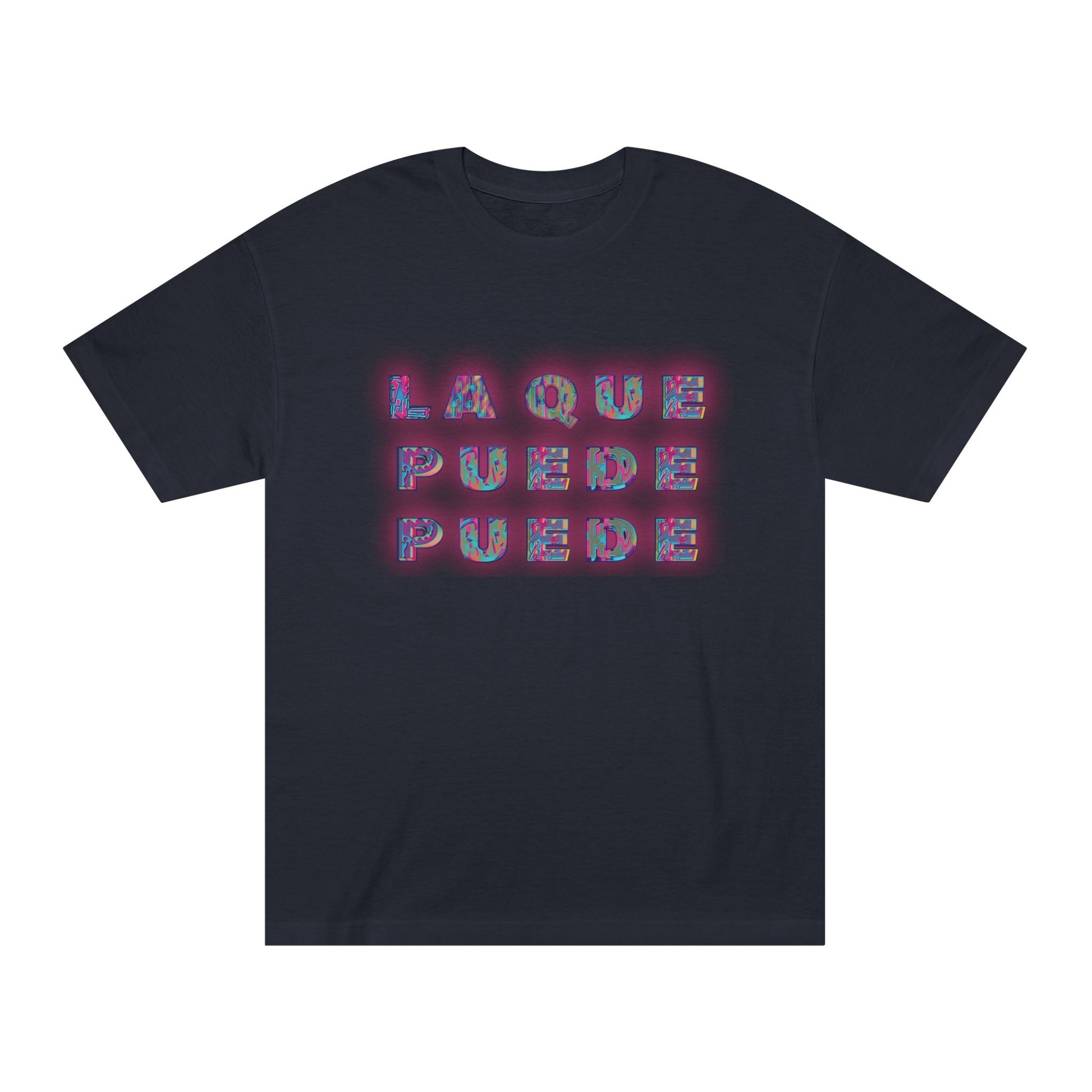 Black unisex Alstyle 1301 t-shirt with neon ‘La Que Puede Puede’ graphic inspired by Ca7riel and Paco Amoroso