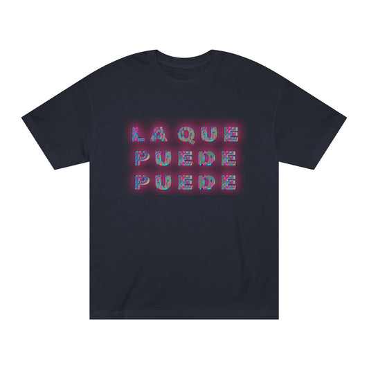 Black unisex Alstyle 1301 t-shirt with neon ‘La Que Puede Puede’ graphic inspired by Ca7riel and Paco Amoroso