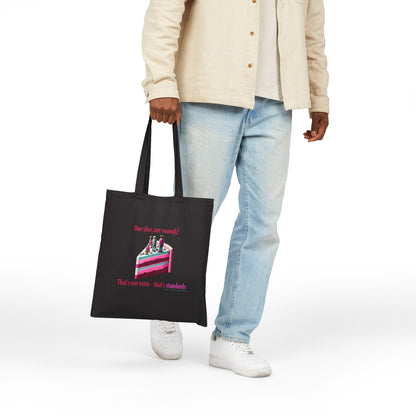 Model carrying Cake Not Enough? Canvas Tote Bag while walking in the city