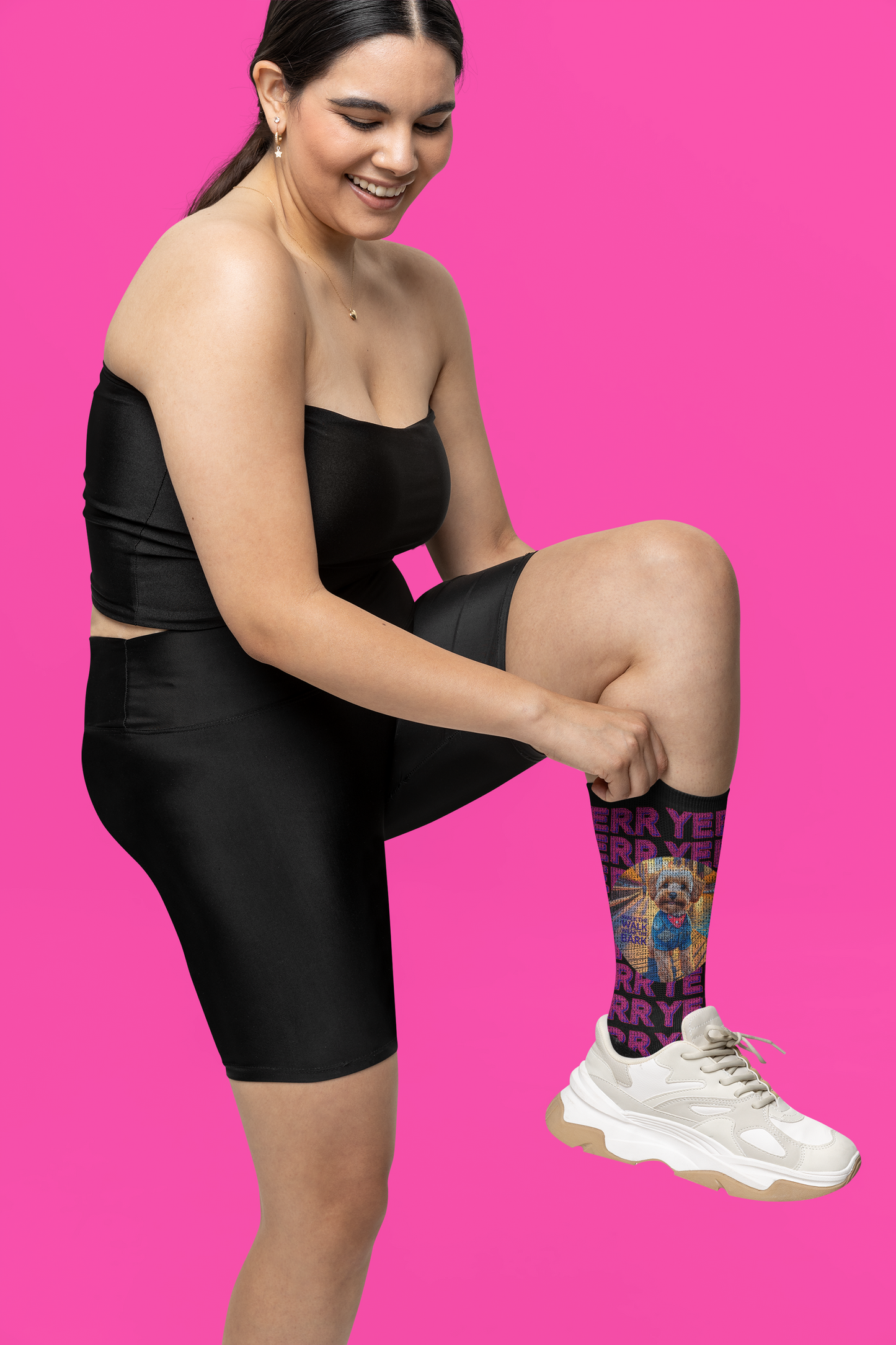 Person wearing BARKER by M.B. Salas Lyon-Sully eco-friendly socks, showing off colorful design and comfortable fit.”
