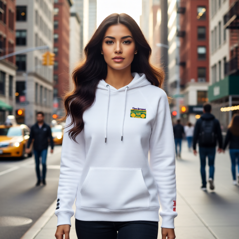 Model wearing The Bronx Retro unisex eco raglan hoodie by M.B. Salas Designs, with embroidered chest and sleeves.